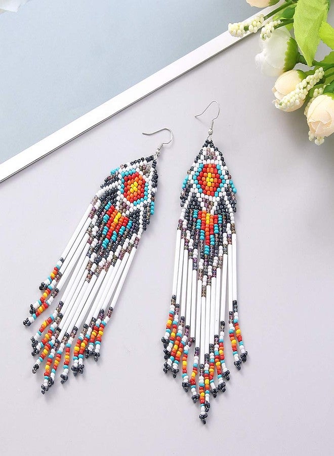 Coeufuedy White Beaded Earrings for Women Seed Bead Earrings Bohemian Statement Drop Fringe Earring for Girls(White) - Image 2